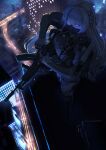  1girl absurdres ak-15 ak-15_(girls'_frontline) assault_rifle braid building bullet city city_lights commentary_request covered_mouth from_above full_body girls'_frontline girls'_frontline_2:_exilium glowing glowing_eyes grey_hair gun hari_tokei highres highway holding holding_gun holding_weapon holster kalashnikov_rifle knife_sheath leg_armor legs_apart long_hair looking_ahead mask mouth_mask night outdoors purple_eyes red_pupils rifle ringed_eyes sheath side_braid solo standing voymastina_(girls'_frontline_2) weapon 
