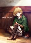  armin_arlert blonde_hair blue_eyes book boots brick_wall dated happy_birthday jacket kino25_n long_sleeves looking_at_viewer male_focus military military_uniform paradis_military_uniform running_bond shingeki_no_kyojin sitting smile solo thigh_strap twitter_username uniform wainscoting wooden_floor 