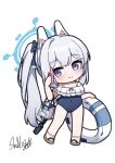  1girl absurdres bag blue_archive blue_bow blue_one-piece_swimsuit blush bow brown_sandals cellphone chibi closed_mouth commentary_request covered_navel frilled_one-piece_swimsuit frills full_body grey_hair hair_bow halo headgear highres holding holding_phone innertube miyako_(blue_archive) miyako_(swimsuit)_(blue_archive) off-shoulder_one-piece_swimsuit off_shoulder one-piece_swimsuit phone plastic_bag ponytail purple_eyes sandals shuni_valentine signature simple_background smile solo standing swim_ring swimsuit transparent white_background 