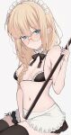  1girl aesc_(fate) aesc_(rain_witch)_(fate) apron bare_shoulders bikini black_bikini black_skirt black_thighhighs blonde_hair blue_eyes blush braid breasts choker cleavage commentary_request fate/grand_order fate_(series) frilled_choker frills glasses highres long_hair looking_at_viewer maid maid_bikini maid_headdress mati5572 medium_breasts miniskirt mop navel round_eyewear side_ponytail sitting skirt smile solo swimsuit thighhighs thighs unconventional_maid waist_apron 