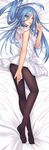  absurdres aoki_hagane_no_arpeggio black_legwear blue_eyes blue_hair breasts dress feet highres large_breasts long_hair lying mole mole_under_mouth on_back on_side panties panties_under_pantyhose pantyhose sleeveless sleeveless_dress solo takao_(aoki_hagane_no_arpeggio) underwear very_long_hair weiyinji_xsk white_dress 