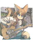  1girl :o animal_ear_fluff animal_ears asymmetrical_bangs baggy_clothes blue_eyes blush border commentary_request dated dirty dirty_clothes fingernails fox_ears fox_girl fox_tail guitar heater highres holding holding_guitar holding_instrument indoors industrial_pipe instrument knee_up lamp long_fingernails long_hair making-of_available meiz off-shoulder_shirt off_shoulder orange_hair original outline painting_(medium) pants playing_guitar playing_instrument red_lips scenery shikishi shirt shoulder_strap signature solo tail torn_clothes torn_pants torn_shirt traditional_media watercolor_(medium) wavy_hair white_border white_outline white_shirt 
