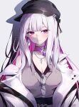  1girl blush breasts cleavage coat colored_inner_hair earrings elphe glasses hat highres honkai:_star_rail honkai_(series) jewelry long_hair multicolored_hair newsboy_cap nihilux_(honkai:_star_rail) purple_eyes purple_hair shirt signature single_earring sleeveless sleeveless_shirt unworn_eyewear white_coat white_hair 