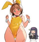  2girls :d animal_ears artist_name ass_visible_through_thighs bare_legs bare_shoulders batta_16-sei black_hair blunt_bangs blush bow bowtie breasts brown_hair cardcaptor_sakura commentary_request daidouji_tomoyo detached_collar fake_animal_ears gold_leotard golden_week green_eyes highleg highleg_leotard highres kinomoto_sakura leotard long_hair looking_at_viewer multiple_girls open_mouth rabbit_ears red_bow red_bowtie school_uniform serafuku simple_background small_breasts smile thigh_gap thighs white_background 