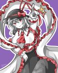  1girl ascot black_hat black_skirt bow capelet chirooo92084 closed_mouth commentary_request grey_hair hat hat_bow highres index_finger_raised long_sleeves looking_at_viewer nagae_iku outline partially_colored purple_background red_ascot red_bow short_hair simple_background skirt smile solo star_(symbol) touhou twitter_username white_capelet white_outline 