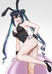  1girl absurdres animal_ears black_bow black_bowtie black_hair black_leotard black_shoes black_wrist_cuffs blue_hair bow bowtie collar commentary covered_navel detached_collar double_bun english_commentary fake_animal_ears fishnet_pantyhose fishnets gloves hair_bun hair_intakes hand_on_own_hip high_heels highres kuon_bb leotard multicolored_hair open_mouth original pantyhose playboy_bunny purple_hair rabbit_ears shoes solo teeth twintails upper_teeth_only white_background white_collar white_gloves wrist_cuffs yellow_eyes 