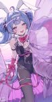  1girl ahoge animal_ears arm_belt bare_arms bed black_leotard blue_eyes blue_hair blush bow bowtie brown_pantyhose commentary_request cuffs fake_animal_ears fishnet_pantyhose fishnets hair_ornament hair_ribbon hairband handcuffs hatsune_miku highres leotard long_hair ningen_mame on_bed pantyhose playboy_bunny rabbit_ears rabbit_hole_(vocaloid) red_bow red_bowtie ribbon sitting strapless strapless_leotard thigh_strap tongue tongue_out twintails very_long_hair vocaloid 