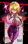  1girl absurdres artist_name black_gloves black_pants blonde_hair breasts character_name chest_harness cleavage cleavage_cutout clothing_cutout elbow_gloves evelyn_chevalier full_body gloves half_gloves harness haysey high-waist_pants highres jewelry large_breasts looking_at_viewer mole mole_under_eye multiple_girls necktie pants purple_eyes see-through_cleavage see-through_clothes shirt short_hair single_elbow_glove single_half_glove solo star_(symbol) thread tight_clothes tight_pants twitter_username white_shirt yellow_necktie zenless_zone_zero 