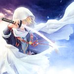  blonde_hair blue_eyes cloak cloud cross-laced_clothes crying hima_(ab_gata) holding holding_sword holding_weapon hood hooded_cloak japanese_clothes male_focus necktie one_eye_covered sheath sky solo sword tassel tears touken_ranbu unsheathing upper_body water_drop weapon wet wet_hair wind yamanbagiri_kunihiro 