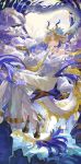  1girl absurdres arknights bare_shoulders black_shoes blonde_hair blue_hair bowl breasts chinese_commentary choker closed_mouth colored_extremities commentary dragon dragon_girl dragon_horns dragon_tail earrings floating_hair full_body full_moon grey_hair hair_between_eyes hair_ornament highres holding holding_bowl horns jewelry long_hair long_sleeves looking_at_viewer moon multicolored_hair necklace official_alternate_costume outdoors pointy_ears shin_oooooo shoes shu_(arknights) shu_(bingwenyuyou)_(arknights) sitting smile solo tail very_long_hair yellow_hands yellow_shoes 