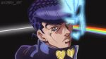  1boy anime_coloring araki_hirohiko_(style) black_background blue_coat blue_eyes blue_hair coat commentary crazy_diamond dark_side_of_the_moon diamond_wa_kudakenai earrings english_commentary from_behind gakuran genda_art hatching_(texture) heart_ornament higashikata_josuke high_collar highres jewelry jojo_no_kimyou_na_bouken looking_at_viewer looking_back male_focus official_style pink_floyd pompadour portrait rainbow school_uniform solo stand_(jojo) stone_ocean stud_earrings twitter_username 