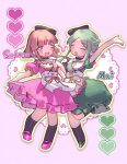  2girls apron black_hat black_socks blush brown_hair chinese_commentary commentary_request deformed dress full_body green_dress green_eyes green_hair green_shoes hat heart highres leg_up looking_at_viewer multiple_girls nishida_satono one_eye_closed open_mouth pink_background pink_dress pink_shoes puffy_short_sleeves puffy_sleeves purple_eyes shoes short_hair_with_long_locks short_sleeves shouxishao_jiuyuan smile socks teireida_mai touhou waist_apron 