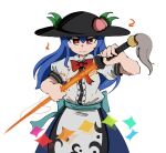  1girl avian_zebra black_hat blue_hair blue_skirt closed_mouth commentary english_commentary expressionless hat hinanawi_tenshi holding holding_sword holding_weapon kagurabachi_pose_(meme) long_hair looking_at_viewer meme peach_hat_ornament rainbow_order red_eyes simple_background skirt solo sword sword_of_hisou touhou weapon white_background 