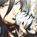  black_hair blue_eyes closed_eyes fang gokotai's_tigers hebino_rai izumi-no-kami_kanesada male_focus open_mouth tiger tiger_cub touken_ranbu white_tiger 