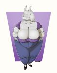  2025 2_horns 4_fingers anthro artist_name belly big_breasts biped black_clothing black_eyebrows black_footwear black_shoes blue_bottomwear blue_clothing blue_pants boss_monster_(undertale) bottomwear bovid breasts broad_shoulders caprine cleavage cleavage_overflow clothed clothed_anthro clothed_female clothing collarbone digital_drawing_(artwork) digital_media_(artwork) english_description eyebrows eyelashes eyes_closed fangs female fingers floppy_ears footwear full-length_portrait fully_clothed fully_clothed_anthro fully_clothed_female fur geometric_background glistening glistening_clothing glistening_footwear glistening_shoes goat hands_on_hips hands_on_own_hips head_turned hi_res high-angle_view horn humanoid_hands legs_together light_body light_fur lop_ears mammal mature_anthro mature_female monotone_body monotone_fur mouth_closed notsafeforbill outline overweight overweight_anthro overweight_female pants pattern_clothing pattern_shirt pattern_topwear plantigrade portrait pose purple_clothing purple_shirt purple_topwear shirt shoes simple_background skimpy snout solo standing teeth text thick_arms thick_thighs topwear toriel undertale undertale_(series) white_body white_breasts white_ears white_fur white_horn white_outline 