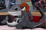  anthro bed female fish grey_skin hair half-closed_eyes inside invalid_tag kneeling looking_at_viewer looking_back marine nude plushie poster red_hair seductive shark smile solo teeth xaenyth 