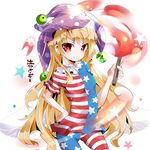  american_flag_dress american_flag_legwear blonde_hair clownpiece hand_on_hip hat itotin jester_cap long_hair pantyhose red_eyes smile solo star striped torch touhou very_long_hair wings 