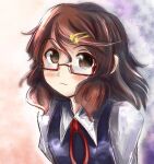  1girl blue_vest blush_stickers brown_eyes brown_hair closed_mouth collared_shirt commentary hair_ornament hairclip medium_hair missing_headwear neck_ribbon red-framed_eyewear red_ribbon ribbon shirt solo star_(symbol) star_hair_ornament touhou twintails usami_sumireko uwazumi vest white_shirt 