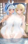  2girls architecture arm_around_another's_back artist_name asymmetrical_docking blonde_hair blue_hair blue_hairband blue_nails braid breast_press breasts censored cleavage commentary_request convenient_censoring earclip east_asian_architecture fish-shaped_pupils floating_hair flower full_moon genshin_impact hair_between_eyes hair_flower hair_ornament hairband hand_on_another's_waist highres indoors lilith_bread long_hair looking_at_viewer lumine_(genshin_impact) medium_breasts moon mualani_(genshin_impact) multicolored_nails multiple_girls nail_polish naked_towel night onsen parted_lips red_eyes short_hair_with_long_locks shouji sitting sliding_doors smile soaking_feet steam steam_censor tan tanlines teeth towel upper_teeth_only v very_long_hair wet yellow_eyes yellow_nails 