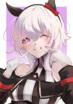  1girl absurdres animal_ears bare_shoulders black_hairband blush bow breasts coat commentary_request curren_chan_(fille_eclair)_(umamusume) curren_chan_(umamusume) dress ear_bow ear_covers gloves grey_hair grin hairband highres horse_ears horse_girl long_sleeves looking_at_viewer medium_breasts niihiro216 off-shoulder_coat off-shoulder_dress off-shoulder_jacket off_shoulder one_eye_closed open_mouth pointing pointing_at_self purple_eyes red_bow short_hair smile solo striped_clothes striped_dress teeth umamusume upper_body upper_teeth_only vertical-striped_clothes vertical-striped_dress white_gloves 