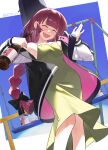  1girl artist_name bocchi_the_rock! closed_eyes commentary_request dress dutch_angle fang gotoh_hitori gotoh_hitori_(tsuchinoko) green_dress highres hiroi_kikuri jacket long_braid open_clothes open_jacket smile solo song113 swing 