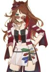  1girl animal_ears black_shirt black_shorts black_thighhighs bracelet breasts brown_hair chain_necktie choker closed_mouth commentary_request ears_through_headwear fedora forever_young_(racing)_(umamusume) forever_young_(umamusume) gold_bracelet green_choker green_eyes hat highres horse_ears horse_girl jacket jewelry long_hair looking_at_viewer midriff multicolored_hair necktie one_eye_closed purple-tinted_eyewear red-tinted_eyewear red_jacket red_streaks shirt shorts shorts_under_skirt skirt smile solo streaked_hair sunglasses thighhighs tinted_eyewear tongue tongue_out umamusume white_necktie white_skirt white_streaks zd3rt 