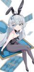  1girl animal_ears bare_shoulders black_leotard black_pantyhose blue_bow blue_eyes blush bow breasts card closed_mouth collarbone commentary_request detached_collar embarrassed fake_animal_ears female_tyrant_(stella_sora) grey_background grey_hair leotard long_hair looking_at_viewer pantyhose playboy_bunny pointy_ears rabbit retumihari small_breasts solo stella_sora strapless strapless_leotard symbol-shaped_pupils tyrant_(stella_sora) very_long_hair 