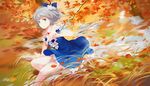  alternate_costume alternate_hair_color autumn autumn_leaves bangs bare_shoulders blue_bow blue_dress blue_eyes blue_flower bow breasts cirno closed_mouth detached_collar dress flower grass grey_hair hair_bow hair_flower hair_ornament highres ice ice_wings jq leaf looking_at_viewer outdoors petals ribbon short_hair small_breasts smile solo touhou tree white_flower wings 