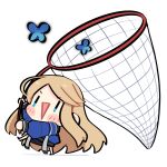  1girl :d arm_up barefoot blonde_hair blue_butterfly blue_coat blue_eyes blush_stickers bug butterfly butterfly_net chibi coat commentary diana_(pragmata) english_commentary full_body hand_net highres holding holding_butterfly_net long_hair long_sleeves open_mouth oversized_object padded_coat pragmata puffy_long_sleeves puffy_sleeves simple_background smile solo triangle_mouth very_long_hair white_background yuudai1998 