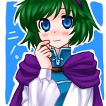  74 :3 blue_background blue_eyes blush blush_stickers cape character_name fire_emblem fire_emblem:_rekka_no_ken green_hair hairband hand_on_own_cheek long_sleeves nino_(fire_emblem) purple_hairband short_hair simple_background smile solo translated 