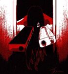 1boy aiming alucard_(hellsing) door dual_wielding gun hair_over_one_eye handgun hellsing holding holding_gun holding_weapon long_hair male_focus oekaki red_theme signature solo toshimichi_yukari upper_body weapon 