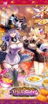  2girls absurdres animal_ears apron artist_collaboration baizu_(guszx) bent_over black_bow black_dress black_hat black_thighhighs blonde_hair blue_eyes blush bow breasts cat_ears cherry cleavage cleavage_cutout clothing_cutout collared_sweater crossed_bangs dragon_girl dragon_horns dress fang flower food fruit full_body hair_between_eyes hair_flower hair_intakes hair_ornament halloween hat highres holding holding_food holding_fruit horns indoors kiba_tori large_breasts long_hair low_ponytail multicolored_eyes multiple_girls official_art official_wallpaper pointy_ears ponytail purple_hair red_eyes rose sheworu_nahatomujiku shironeko_project side-by-side side_cutout sierra_(shironeko_project) smile standing sweater sweater_dress thighhighs tongue tongue_out tsurime very_long_hair white_apron witch_hat 