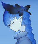  animal_ears bangs blue blue_background bow braid cat_ears closed_eyes extra_ears from_side hair_bow kaenbyou_rin mizuga monochrome no_mouth pointy_ears portrait profile simple_background solo touhou 