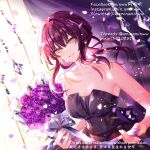  1girl alternate_costume aminww_amingming black_dress bouquet chinese_commentary commentary_request dress flower highres holding holding_bouquet honkai:_star_rail honkai_(series) kafka_(honkai:_star_rail) long_hair purple_eyes purple_flower purple_hair purple_rose rose solo strapless strapless_dress upper_body 