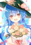  1girl :d black_hat blue_hair blush bouquet commentary commission hat highres hinanawi_tenshi holding holding_bouquet long_hair mejina_nyaa open_mouth peach_hat_ornament red_eyes short_sleeves skeb_commission smile solo teeth touhou twitter_username upper_body upper_teeth_only 