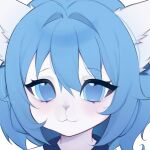  1girl :3 animal_ear_fluff animal_ears animal_nose blue_eyes blue_hair blush closed_mouth commentary degranyasha furry furry_female hair_between_eyes hair_intakes highres indie_virtual_youtuber looking_at_viewer portrait short_hair simple_background smile solo straight-on tareme virtual_youtuber white_background white_fur wolf_ears wolf_girl wolfychu 
