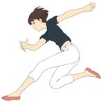  brown_eyes brown_hair full_body gake_no_ue_no_ponyo jas jumping lisa_(ponyo) midriff navel outstretched_arm pants profile shirt shoes short_hair solo studio_ghibli white_background 