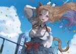  +_+ 1girl absurdres almond_eye_(the_changer)_(umamusume) almond_eye_(umamusume) animal_ears araca_ra bare_shoulders blue_dress blue_eyes blue_gloves blue_sky blush bow_hairband braid braided_sidelocks breasts brown_hair checkered_collar cloud colored_inner_hair confetti detached_sleeves dress fingerless_gloves gloves hair_ornament hairband hairclip highres horse_ears horse_girl horse_tail long_hair looking_at_viewer medium_breasts multicolored_hair open_mouth red_button sidelocks sky smile solo sweat symbol-shaped_pupils tail umamusume white_hairband x-shaped_pupils 