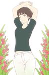  arms_behind_head arms_up brown_eyes brown_hair cowboy_shot flower gake_no_ue_no_ponyo highres jas lisa_(ponyo) looking_at_viewer midriff one_eye_closed pants shirt short_hair smile solo studio_ghibli 