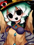  1girl black_eyes black_hat black_mouth bow buttons collared_shirt commentary_request diamond_button disembodied_linked_eye empty_eyes eyeball frilled_shirt_collar frilled_sleeves frills green_hair hair_between_eyes hat hat_bow heart heripantomorrow komeiji_koishi long_hair long_sleeves sharp_teeth shirt solo teeth touhou translation_request upper_teeth_only wide_sleeves yellow_bow yellow_shirt 