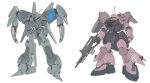  absurdres byalant commentary dangodes gun gundam highres holding holding_gun holding_weapon mecha mecha_focus mobile_suit neo_zeon no_humans one-eyed one-eyed_mecha robot science_fiction shoulder_spikes simple_background spikes titans_(gundam) under_the_gundam:_double_fake weapon white_background zaku_iii zeta_gundam 