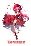  :d another_blood arched_back bare_shoulders black_legwear blood character_name choker demonbane detached_sleeves dress flower frilled_dress frilled_sleeves frills full_body hand_up hat highres kirsos leg_up long_hair looking_at_viewer open_mouth pink_hair red_dress red_eyes ribbon rose simple_background sleeves_past_wrists smile solo tattoo two_side_up white_background wide_sleeves 