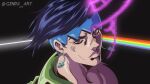  1boy anime_coloring araki_hirohiko_(style) black_background blue_hair blue_headband commentary dark_side_of_the_moon diamond_wa_kudakenai earrings english_commentary genda_art green_shirt hatching_(texture) headband heaven's_door highres jewelry jojo_no_kimyou_na_bouken kishibe_rohan lips looking_at_viewer male_focus nib_pen_(object) official_style pen pink_floyd portrait purple_eyes rainbow recolored shirt solo stand_(jojo) stone_ocean twitter_username 