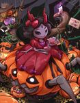  artist_name basket black_hair black_legwear bow broken_heart bug candle candy costume cup dress extra_eyes fangs fewer_digits fire food hair_bow halloween hat heart highres horns insect_girl jack-o'-lantern muffet muffet's_pet multiple_arms night night_sky one_eye_closed pumpkin purple_fire purple_skin red_dress riding scarecrow short_hair signature silk sky spider spider_girl spider_web sunglasses teacup teapot teeth trick_or_treat undertale waddy 