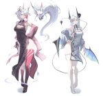  2girls absurdres bare_shoulders black_hands black_horns black_shoes black_wings blue_wings breasts cake_walker china_dress chinese_clothes cleavage closed_mouth colored_extremities colored_inner_hair commentary covered_navel demon_tail disembodied_head dress earrings full_body green_eyes green_wings hand_on_own_hip highres horns jewelry large_breasts legs long_dress long_sleeves looking_at_viewer low_wings mask mole mole_on_breast multicolored_hair multicolored_horns multicolored_wings multiple_girls off_shoulder oni_mask original red_eyes red_hair red_hands red_horns shoes simple_background smile standing tail tail_raised teeth thea_(nekojira) tree_print two-tone_hair untranslatable_commentary white_background white_dress white_hair white_horns white_shoes wide_hips wings 