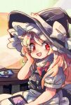 100th_black_market 1girl :d ability_card_(touhou) apron black_hat black_vest blonde_hair bow commentary hat hat_bow hat_ribbon highres kirisame_marisa long_hair looking_at_viewer mame_komari open_mouth puffy_short_sleeves puffy_sleeves red_bow red_eyes ribbon shirt short_sleeves smile solo touhou vest waist_apron white_apron white_bow white_ribbon white_shirt 