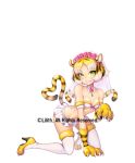  1girl animal_ears animal_hands bare_shoulders blonde_hair blush bra breasts bridal_veil bride claws collarbone detached_collar fangs flower flower_on_head full_body fur-trimmed_bra fur-trimmed_thighhighs fur_trim green_eyes head_wreath heart heart_tail high_heels highres kneeling looking_at_viewer micro_panties miniskirt navel panties pink_flower pink_panties pink_rose revealing_clothes rose shoes short_hair skirt small_breasts smile solo strapless strapless_bra tail taimanin_(series) taimanin_rpgx teeth thighhighs tiger_ears tiger_girl tiger_tail torajiro_(taimanin_series) underwear veil watermark white_background white_bra white_skirt white_thighhighs yellow_shoes zol 