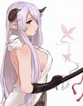  arched_back bare_back bare_shoulders belt black_gloves blush braid breasts bug butterfly demon_horns draph fingerless_gloves from_side gloves granblue_fantasy hair_ornament hair_over_one_eye horns insect katana large_breasts long_hair looking_at_viewer narmaya_(granblue_fantasy) pointy_ears purple_eyes purple_hair shibasaki_shouji sideboob sidelocks simple_background sleeveless solo sword upper_body weapon white_background 