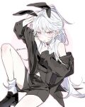  1girl absurdres animal_ear_hairband animal_ears bare_shoulders black_hairband black_jacket black_shorts cat_muno fake_animal_ears grey_hair hair_between_eyes hairband highres jacket long_hair navel necktie original pink_eyes pink_necktie rabbit_ear_hairband rabbit_ears shirt short_shorts shorts sleeveless sleeveless_shirt solo thighs white_shirt 