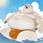  1boy :3 animal_ears bara bear_boy bear_ears belly chinese_commentary closed_eyes closed_mouth commentary_request fat fcy_square flower flower_necklace furry furry_male goggles goggles_on_head highres lei male_focus male_swimwear navel nipples orange_male_swimwear paul_the_bear_(xxl) pectorals plump signature smile water-loving_paul_(xxl) white_fur xxl_woofia 